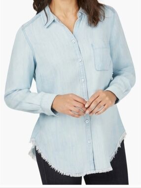 NEW Foxcroft Haven LS Tencel Shirt 22W Blue Wash Frayed Hem Button Down NWT
